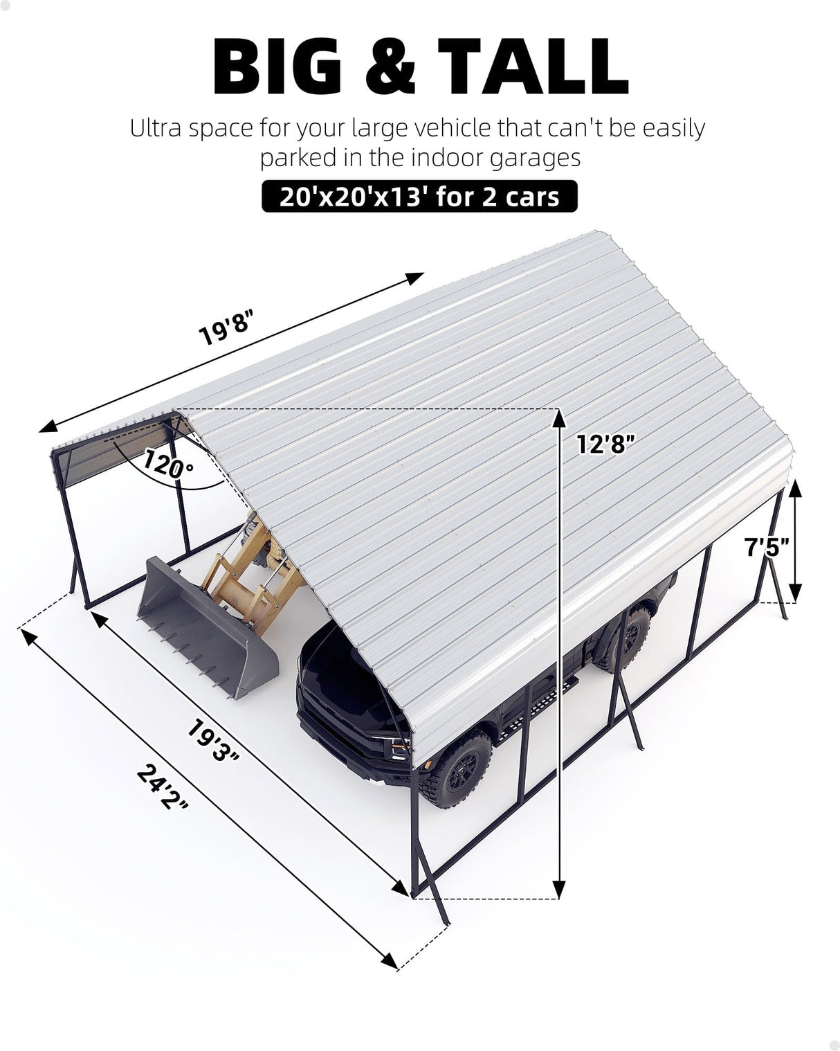 Garveelife 20'x20'x13' Metal Carport for 2 Cars, Heavy Duty Steel Frame for Heavy Snow, Permanent Shelter for Boats, Full-Sized Pickup Trucks, and Tractors, N.W. 800 Lbs GarveeLife