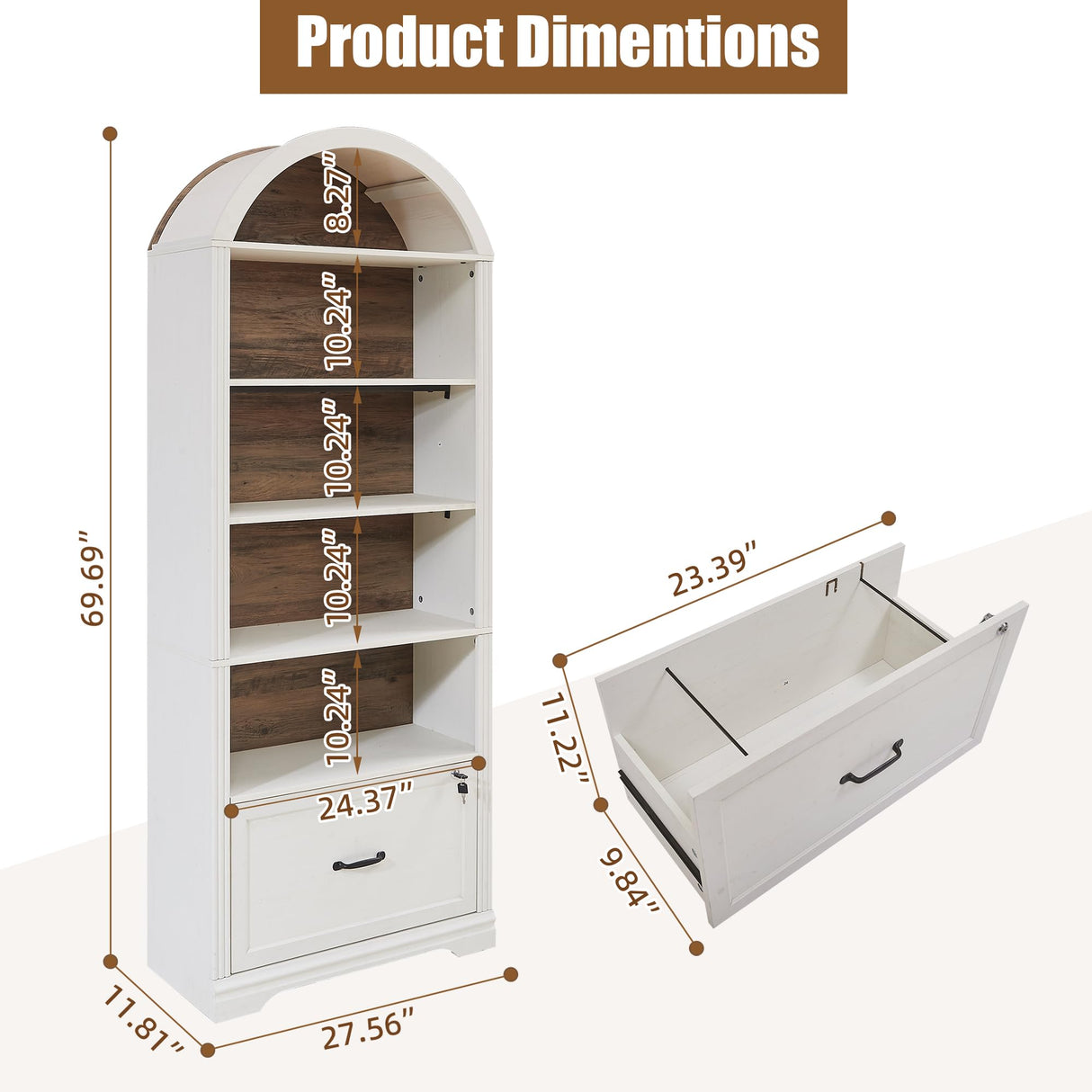 5 Tiers Farmhouse Arch Bookshelf with Lockable Drawers,70”Tall Bookshelf with Adjustable File Cabinet,Vintage Arch Bookcase for Home Office (White) LayBurst