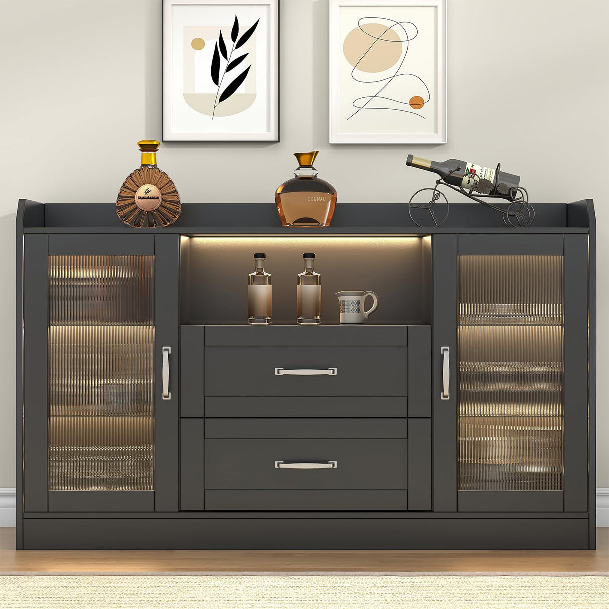 Melodyblue Buffet Cabinet with Led Lights and Drawers, Large Sideboard Buffet Storage Cabinet with Shelves & 4 Doors, Farmhouse Coffee Bar Cabinet Wood Buffet Table for Kitchen, Dining Room, Black Melodyblue