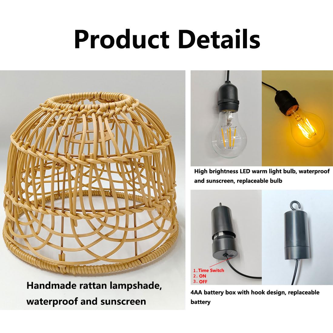 Outdoor Pendant Light Chandelier for Gazebo Battery Operated Boho Hanging Lamp Bamboo Handmade Rattan Decorative Lights LED Lantern Bulb Powered by 4*AA Batteries for Porch Patio Backyard Decor YIKEGE LICHT