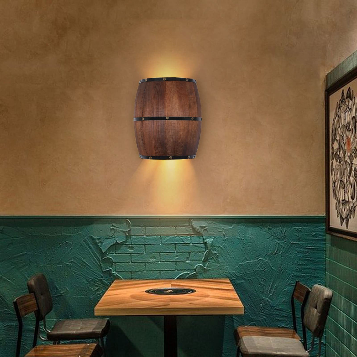 VPABES Rustic Wood Wine Barrel Wall Sconce Lighting Fixture Farmhouse Indoor Wall Mount Lamp for Living Room Kitchen Bars Decoration, 11.8"x7.87" E12 Bulb Base Hardwired VPABES