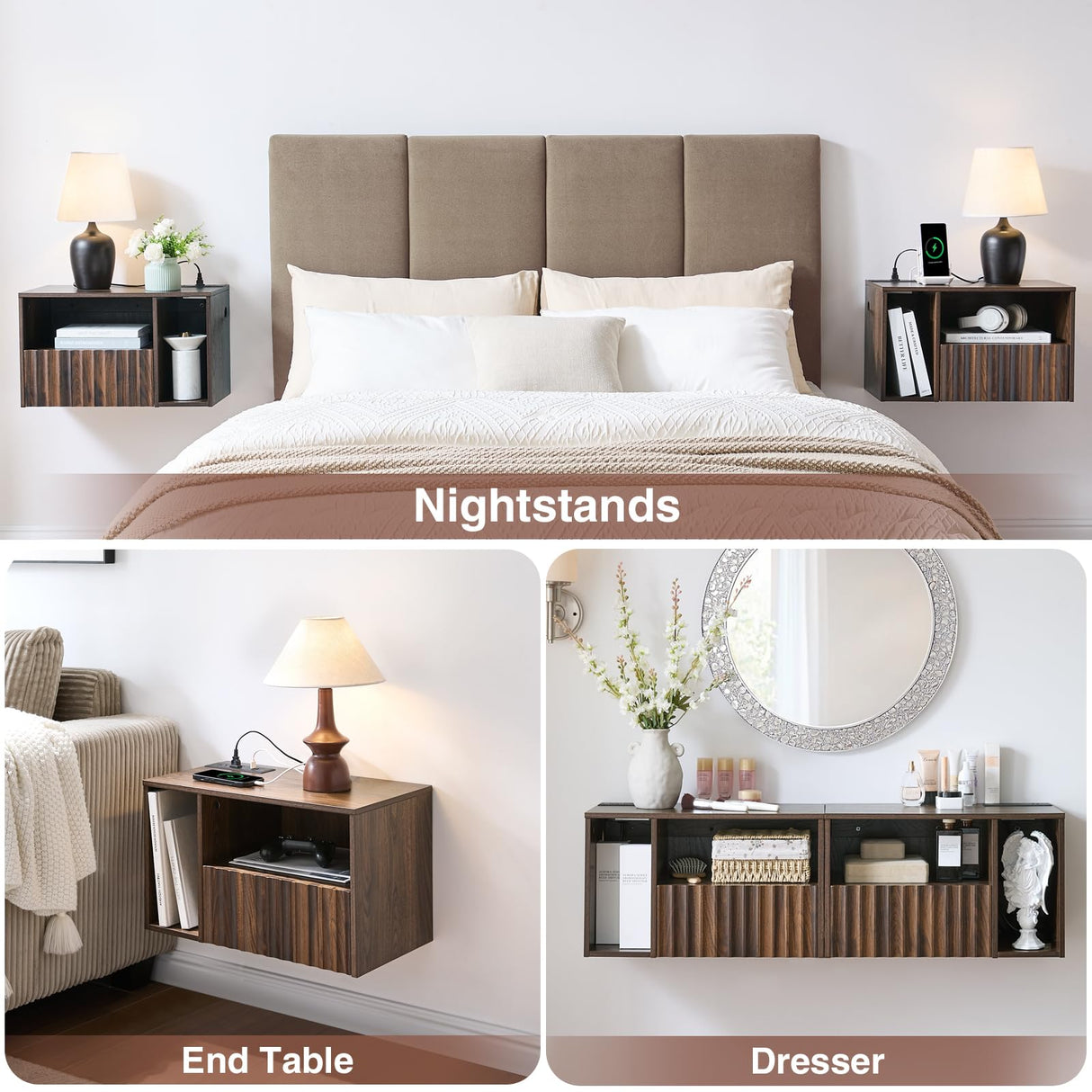 BuildHom Modern Walnut Fluted Floating Nightstand with Charging Station, NightStand with Drawers, Bedside with USB Ports and Outlets, Bedroom Furniture (Set of 2) BuildHom