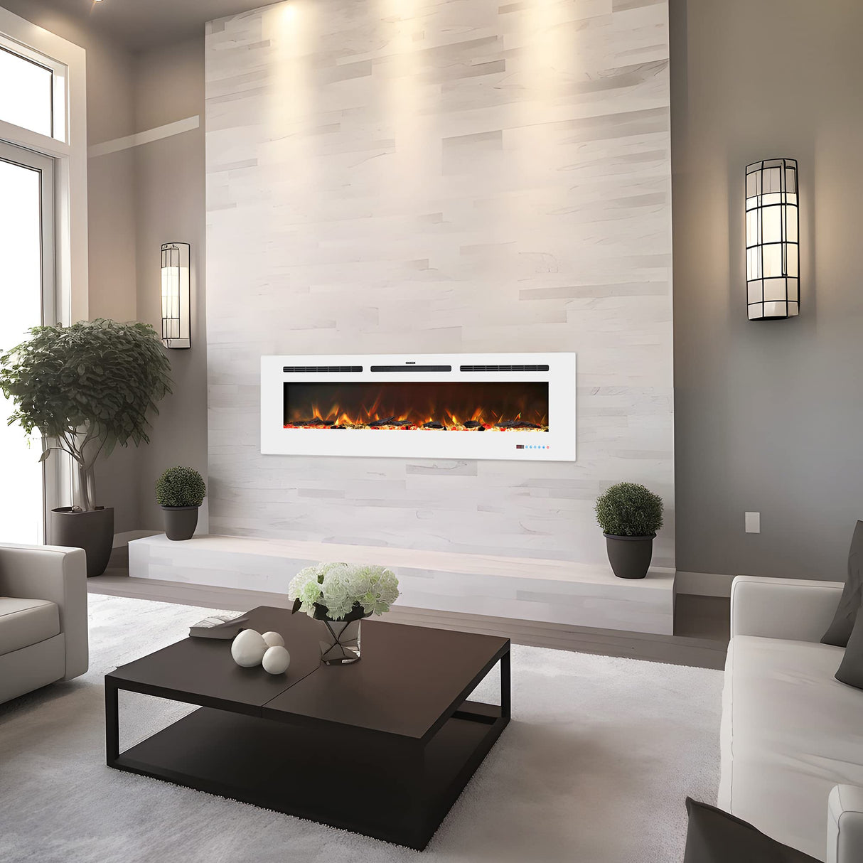Kentsky 60 inches Electric Fireplace Inserts, Recessed and Wall Mounted Fireplace Heater, Linear Fireplace w/Thermostat, Touch Screen, Multicolor Flame, Timer, Log & Crystal, 750W/1500W, White Kentsky