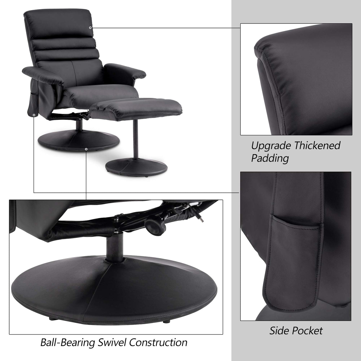 MCombo Recliner with Ottoman, Reclining Chair with Massage, 360 Swivel Living Room Chair Faux Leather 7902 (Black) MCombo