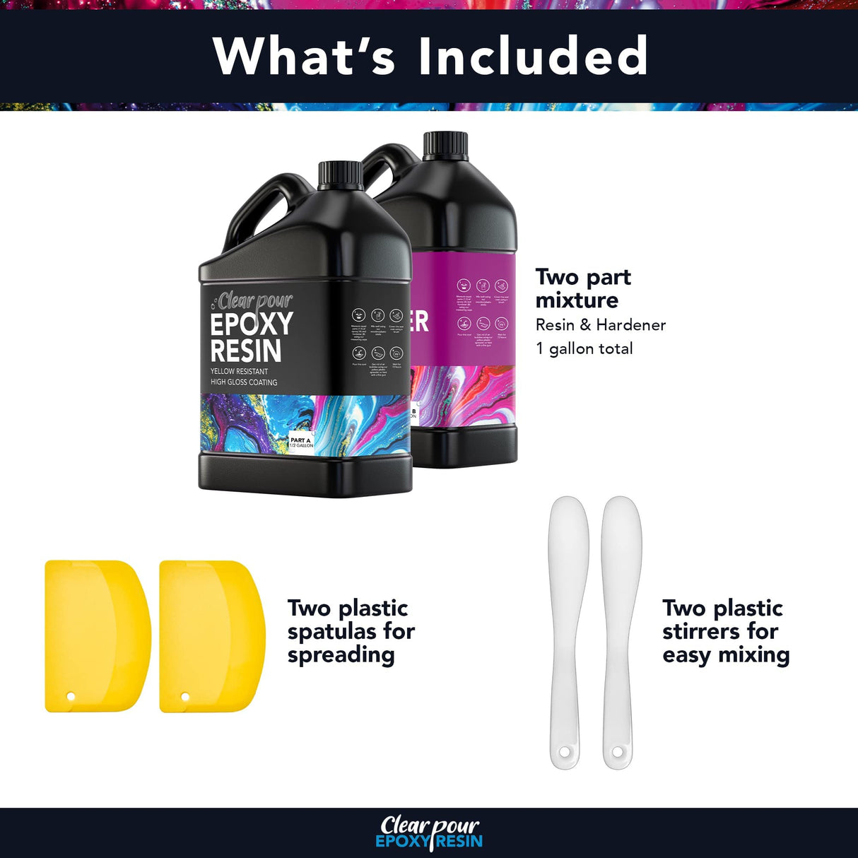 Clear Pour 1 Gallon Epoxy Resin Kit - Premium Clear Epoxy Resin for Countertop, Table Top, Art, Craft, DIY, Tumblers, Wood & Resin Molds (0.5 Gallon x 2) Clear Pour