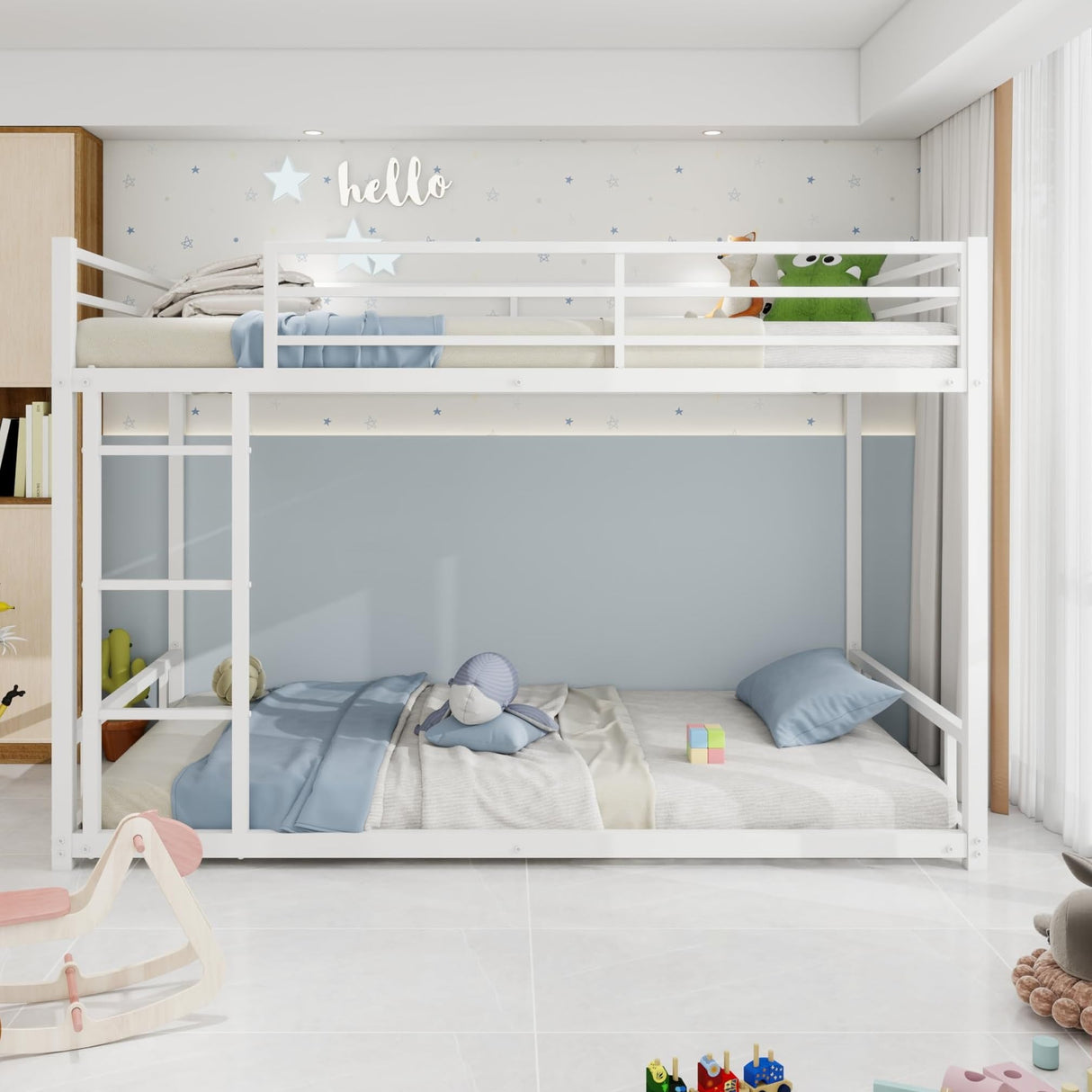 QSOSTNS Twin Over Twin Bunk Bed, Metal Low Profile Bunkbed with Side Ladder, Heavy-Duty Sturdy Metal, Noise Reduced, Safety Guardrail, No Box Spring Needed (White) QSOSTNS