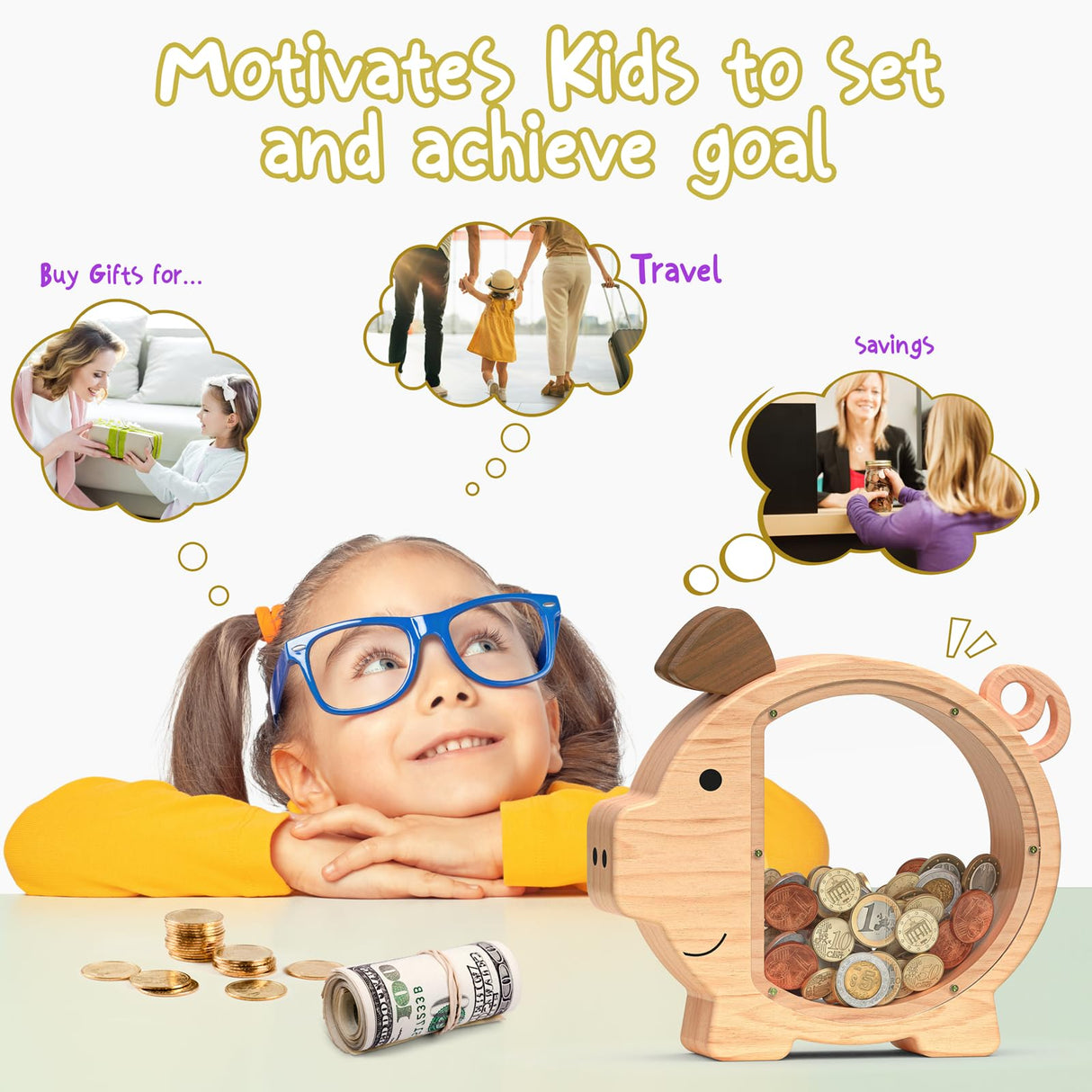 Summidate Custom Wooden Piggy Bank for Kids Boys Girls, Large Unbreakable Bills Coin Money Saving Box, Personalized Children Birthday Gift, Nursery summidate