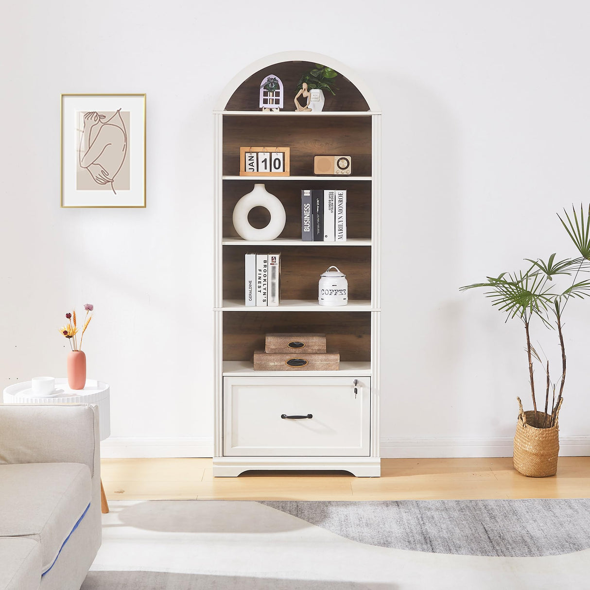 5 Tiers Farmhouse Arch Bookshelf with Lockable Drawers,70”Tall Bookshelf with Adjustable File Cabinet,Vintage Arch Bookcase for Home Office (White) LayBurst