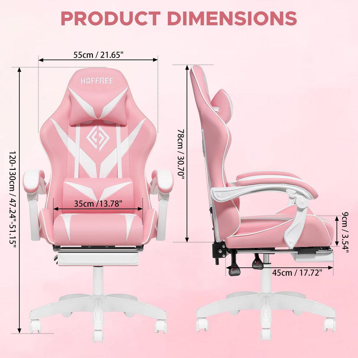 HOFFREE Pink Gaming Chair with Massage for Girls Cute Computer Gamer Chair with Footrest and Lumbar Support Reclining PC Game Chair with Headrest for Gaming Room HOFFREE