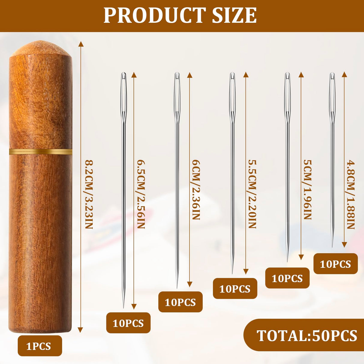 50 PCS Large Eye Embroidery Needles, 5 Sizes, Stainless Steel Yarn Knitting Needles for Hand Sewing (Pointed) KATIZO