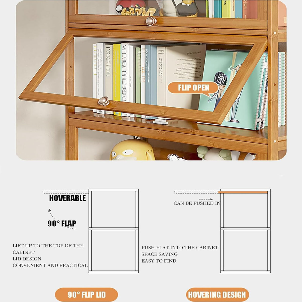 Curio Display Cabinet with Acrylic Doors,3/4Tier Display Case Bookshelf,Large Capacity Floor Bamboo Storage Cabinet,Flip Doors Convenient Storage,Easy to Clean,for Living Room,Study,Brown,106cm/41.7in WROASLTOUX