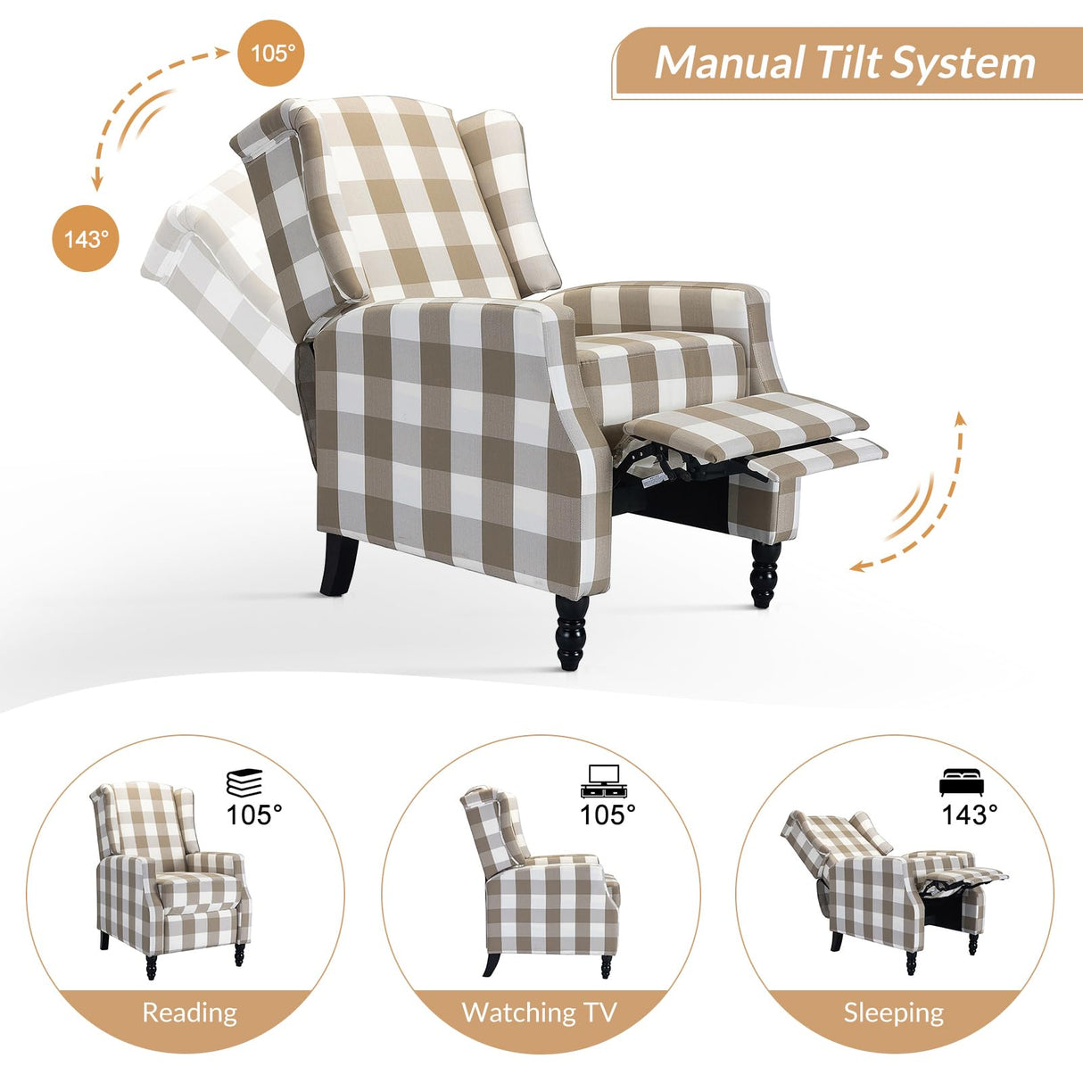 HULALA HOME Wingback Recliner Chair, Traditional Push Back Recliner Single Sofa with Solid Wood Legs, Modern Lounge Armchair for Living Room, Comfy Upholstered Accent Reclining Chair, Buffalo Beige HULALA HOME