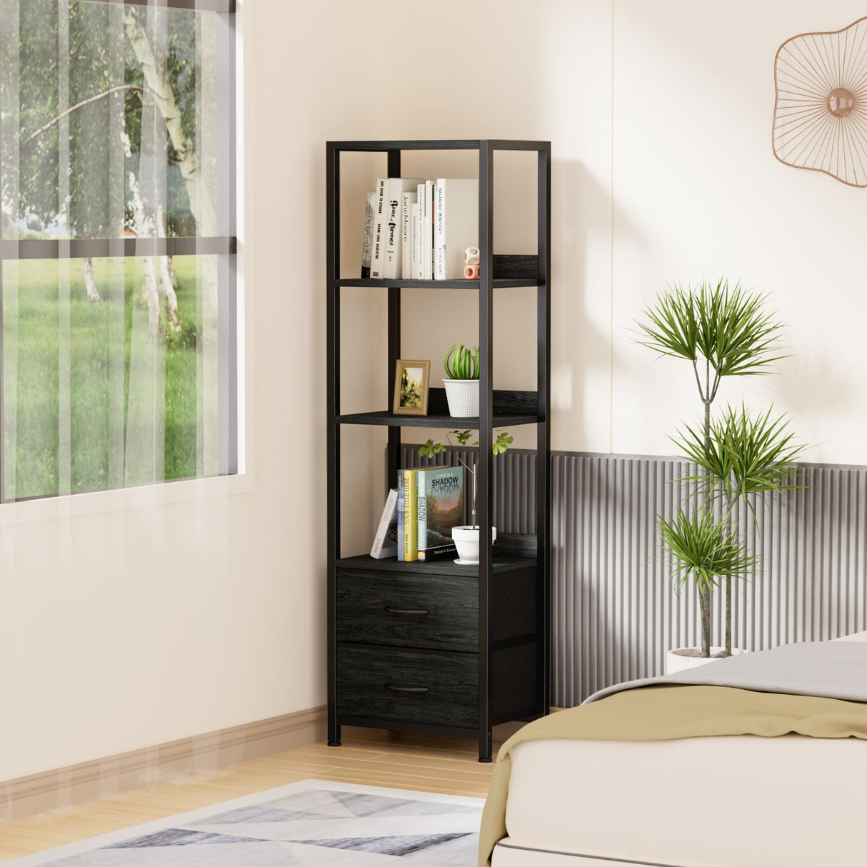 Furnulem 4-Tier Corner Shelf, Bookshelf with 2 Storage Drawers, 57.28”Tall Narrow Bookcase, Standing Shelf Organizer Unit for Living Room, Bedroom, Metal Frame, Wood Display Shelf Furnulem