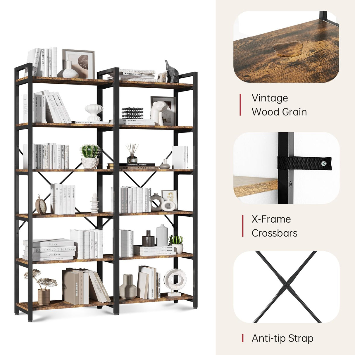 oneinmil Bookshelf 6 Tier, 71.5'' Industrial Wood Bookshelves, Book Shelf with 12 Open Display Shelves & Metal Frame, Tall Bookcase for Home and Office, Rustic Brown oneinmil