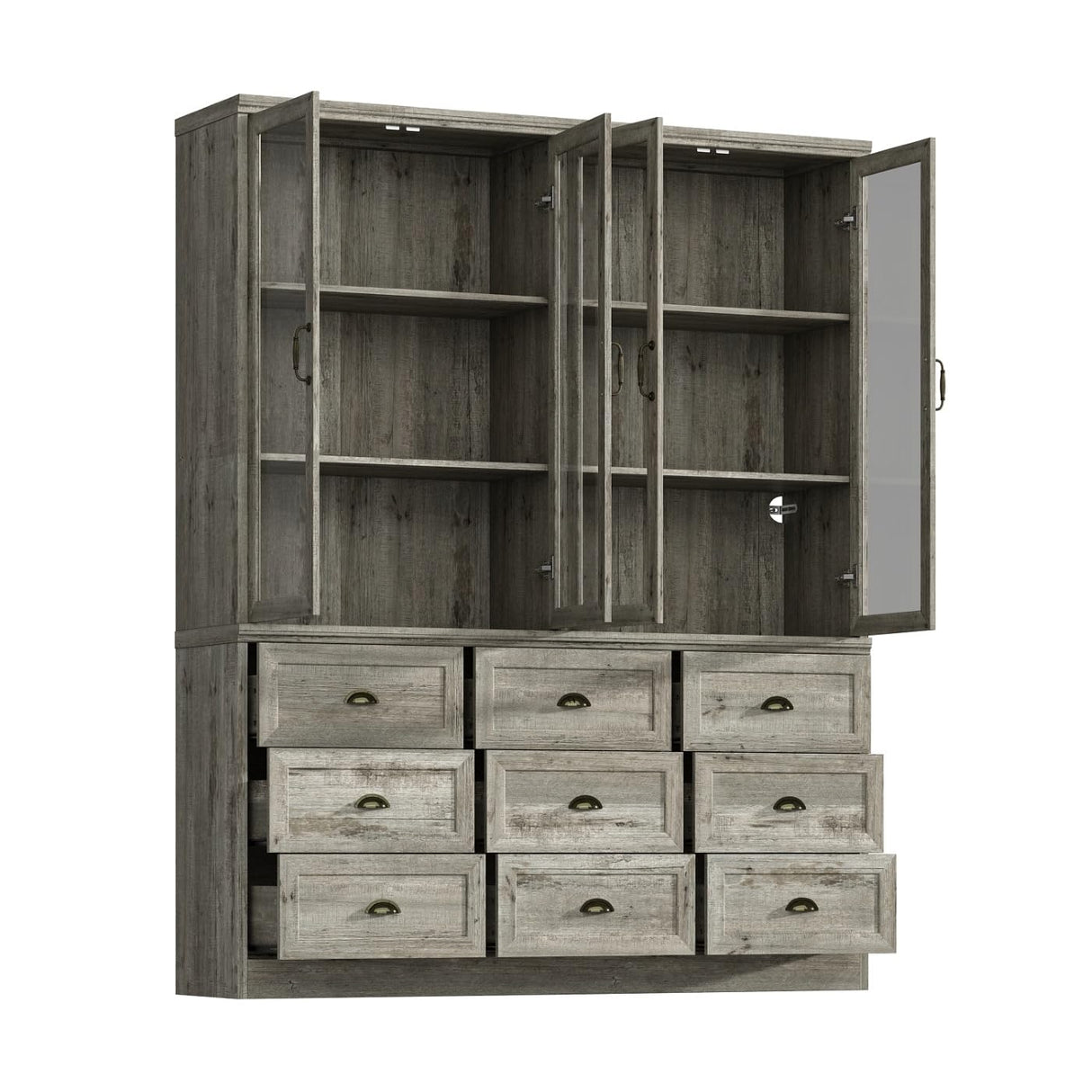 Timechee 78.7" Tall Curio Display Cabinet for Collection, 3 Tier Bookshelf with 9 Drawers & 4 Tempered Glass Doors, Showcase Display Cabinets for Living Room with Adjustable Shelves, Antique Oak Timechee