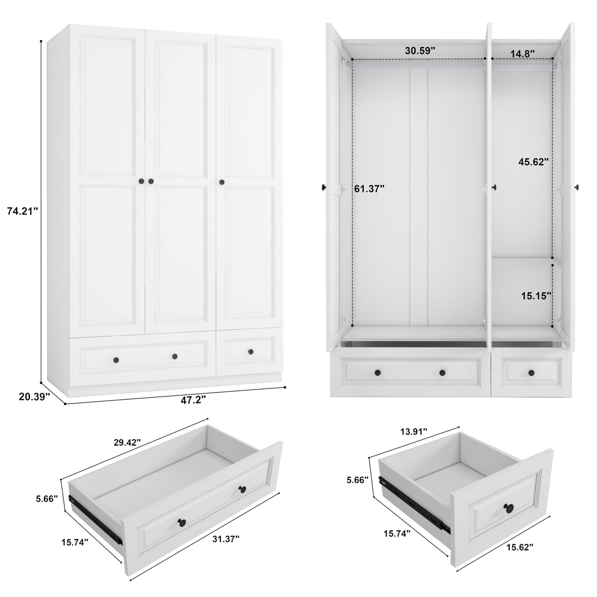 LABROSKIA White 3 Door Wardrobe Closet: Bedroom Armoire Wardrobe Closet with 3 Drawers, Wooden Wardrobe Closet for Hanging Clothes, Wood Cabinet for Clothes and Shelves(White, 47") LABROSKIA