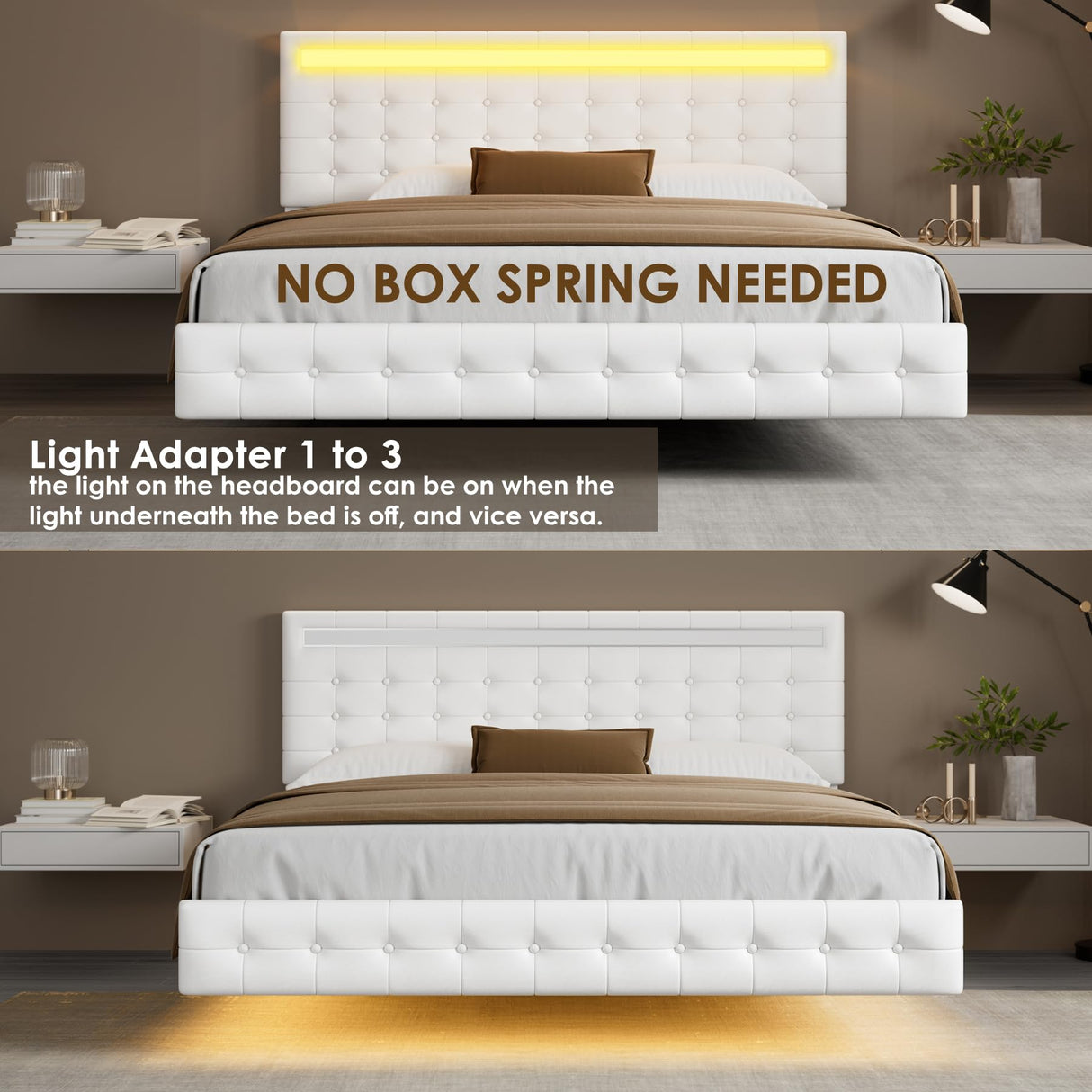 Keyluv Floating King Bed Frame with LED Lights and Adjustable Headboard in White Keyluv