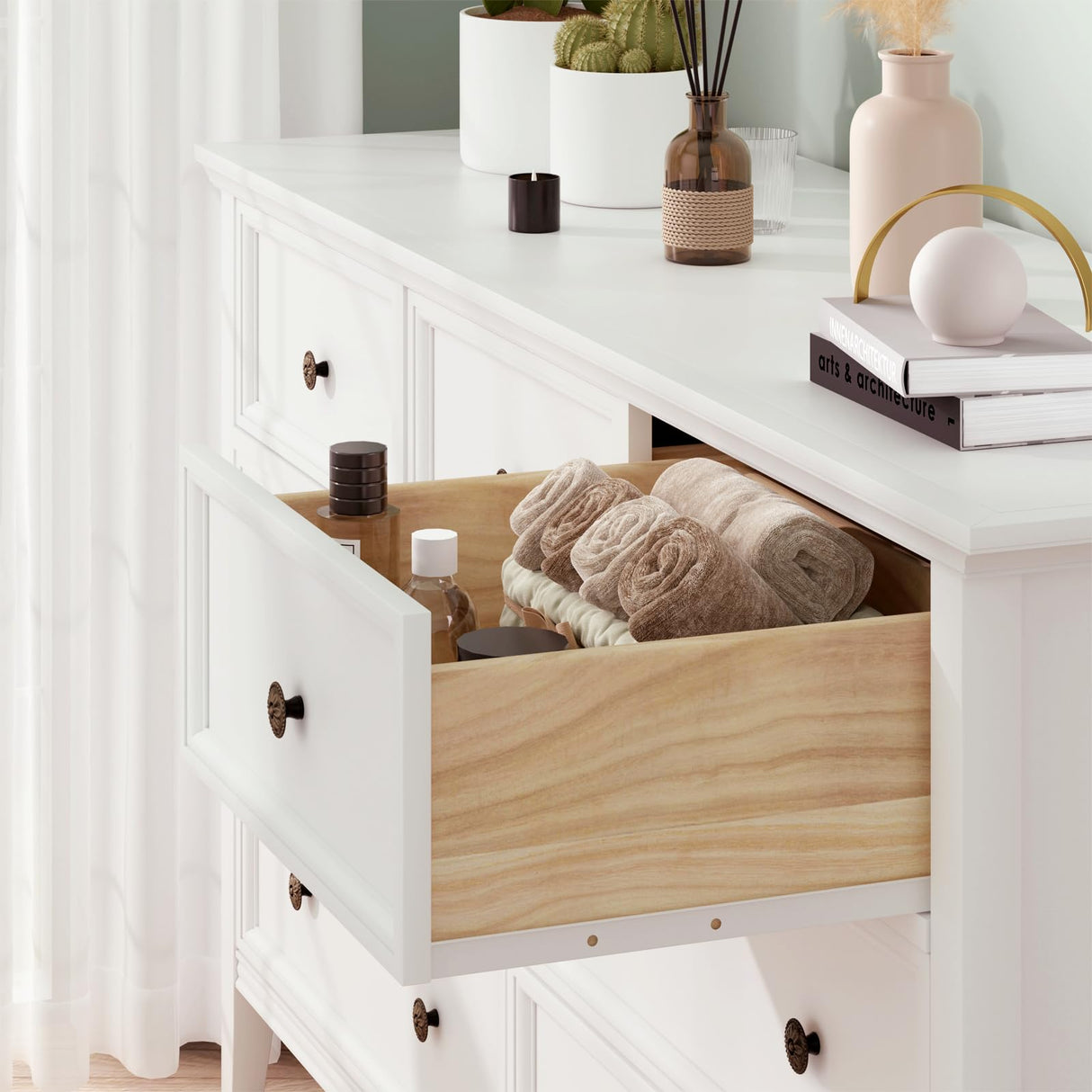 IKENO White 7 Drawer Dresser for Bedroom, Modern Solid Wood Large Storage Cabinet, Simple White Chest of Drawer for Bedroom Living Room Hallway Entryway (White) IKENO