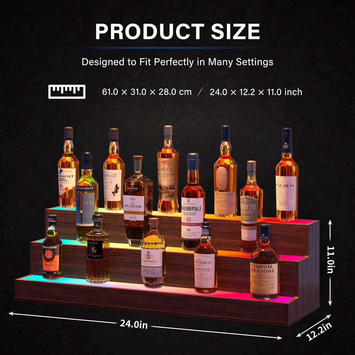 Cubehom LED Lighted Liquor Bottle Display Shelf, 24 Inch Bar Display Shelf with App & Remote Control 3 Tier for Home Bar, Party, Walnut Cubehom