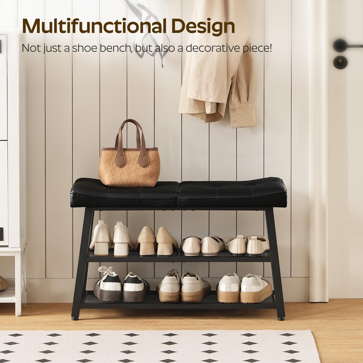 YATINEY Shoe Bench, 3-Tier Shoe Rack, Entryway Bench with Storage and Cushion, for Hallway, Foyer, Bedroom, Black HX02BB YATINEY