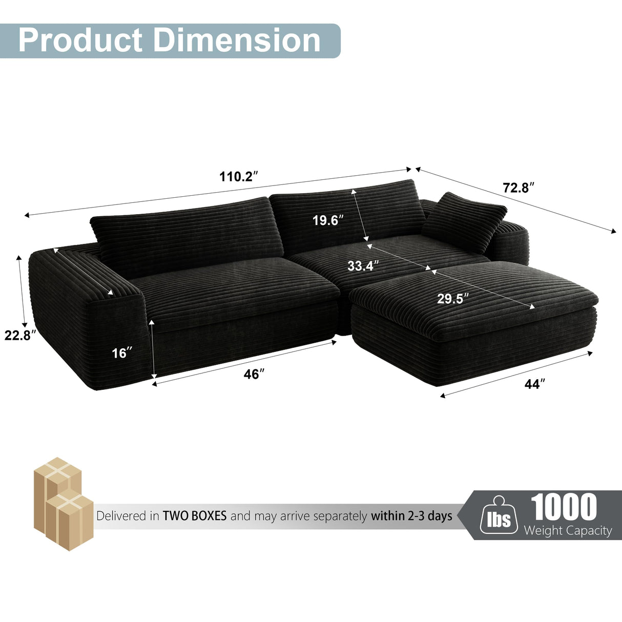 Yomsum 110'' Black Sectional Couches for Living Room with Double Layer, Oversized 4 Seater Boneless L Shaped Cloud Couch Plush Corduroy Sofa, No Assembly Modular Sectional Sofa Bed with Ottoman Yomsum
