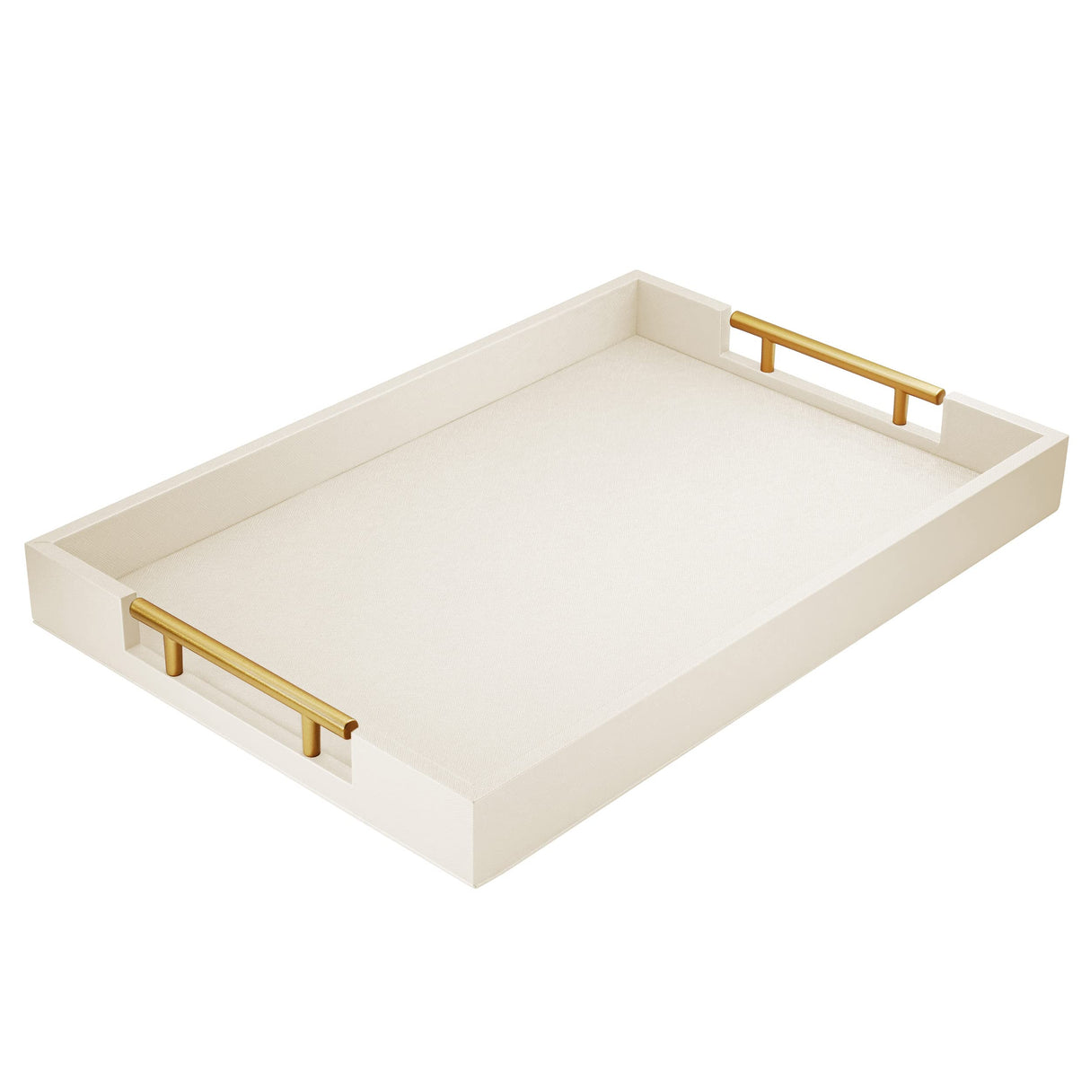 ATZYmolin 17" x 12" Wood Serving Tray with Gold Polished Metal Handles, Home Decorative Wooden Rectangle Ottoman Leather Decor Platter Bathroom Vanity Tray for All Occasions White ATZYmolin