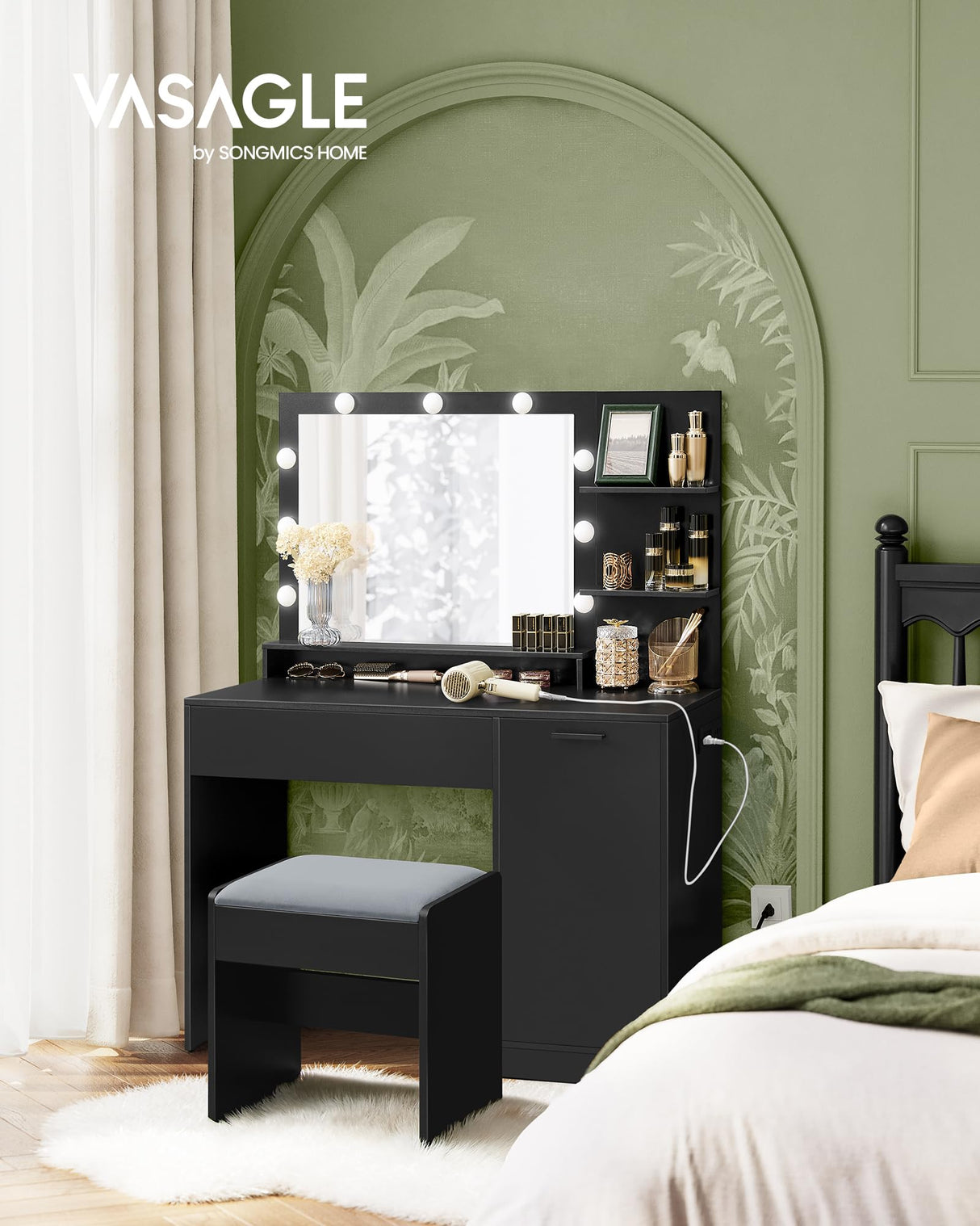 VASAGLE Vanity Desk with Mirror and Lights, 43.3-Inch Wide Makeup Vanity with Upholstered Vanity Stool, Power Outlets, Dimmable LED Lights, Storage Drawer, for Bedroom, Ink Black URDT628B01 VASAGLE