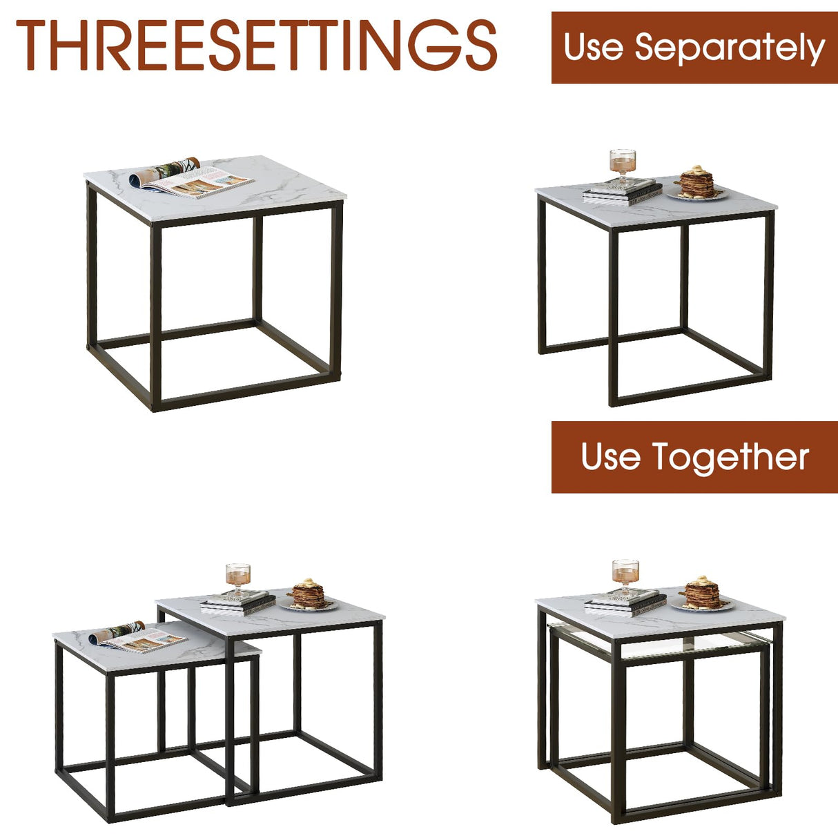 VILAWLENCE Modern Coffee Table Set of 2, Gold Wooden Nesting Side Table, Metal Frame Square End Table, Center Tables for Living Room,Bedroom and Small Spaces VILAWLENCE