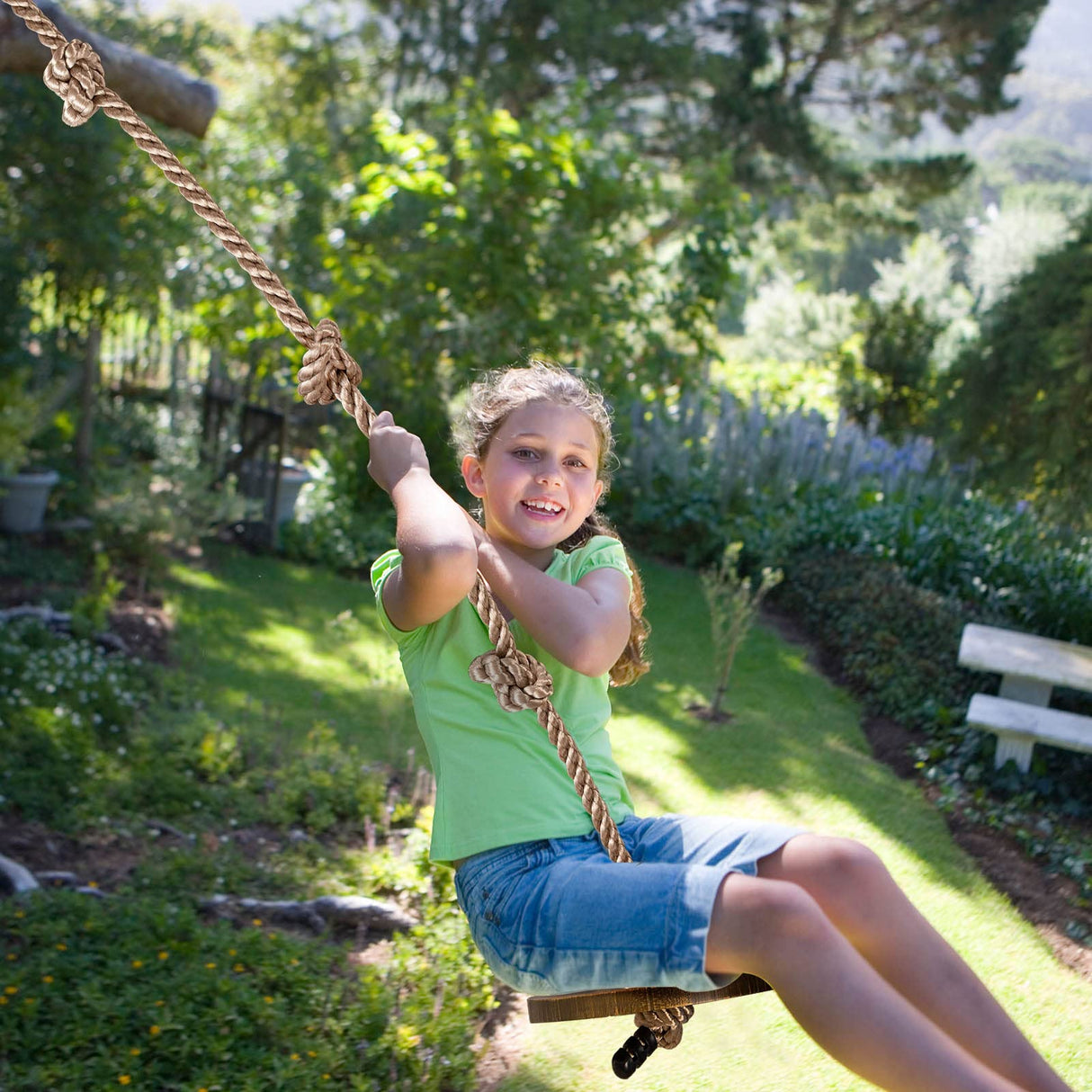 Yangbaga Wooden Round Disc Rope Swing 51”-73” Adjustable Climbing Rope Tree Swing with Hanging Strap Snap Hook and Felt Protectors for Kids Outdoor Brown Yangbaga