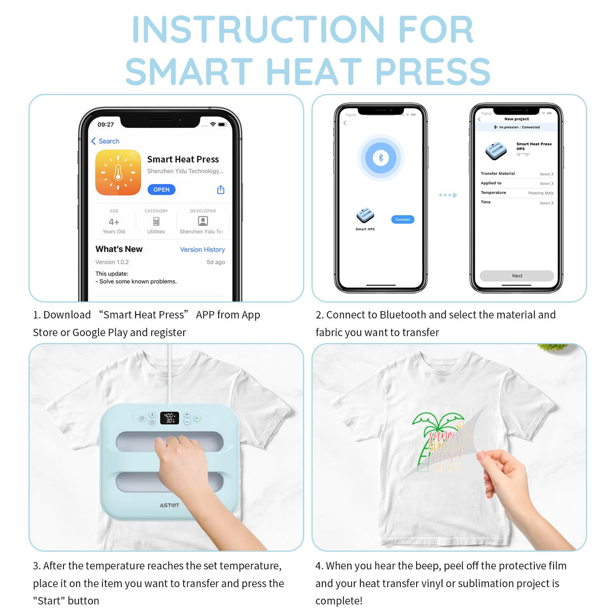 AST&T Heat Press 12"X10", Smart Heat Press Machine with Built-in Bluetooth for T-Shirts, Pillows, Tote Bags & More, Advanced Ceramic-Coated Heat Plate, Precise Temperature Control with APP (Blue) AST&T