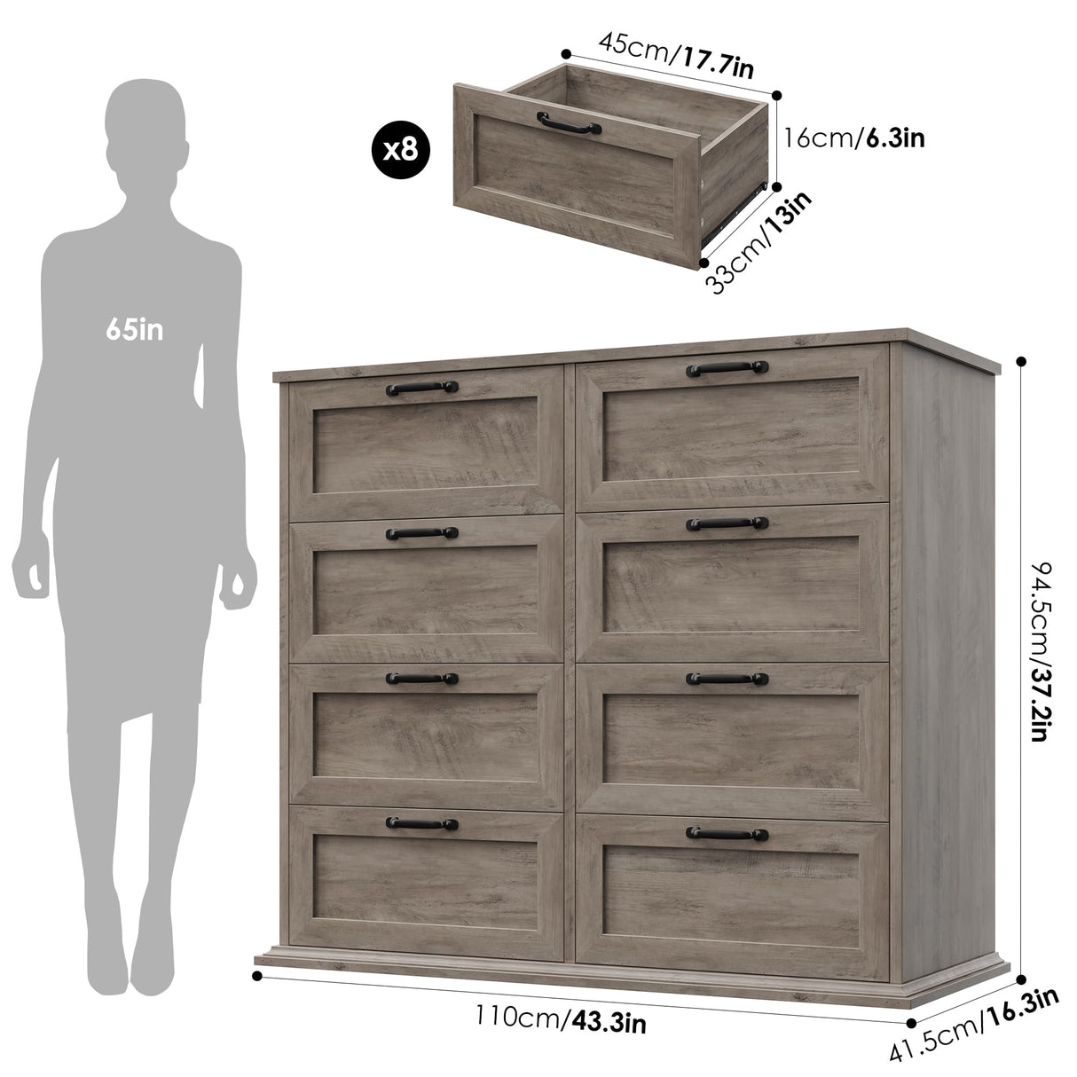 BOTLOG Dresser for Bedroom Wooden, Farmhouse Grey Wood Dresser with 8 Drawers, Chest of Drawers for Bedroom Large Capacity Closet Dresser, Hallway, Entryway, Ash Grey BOTLOG