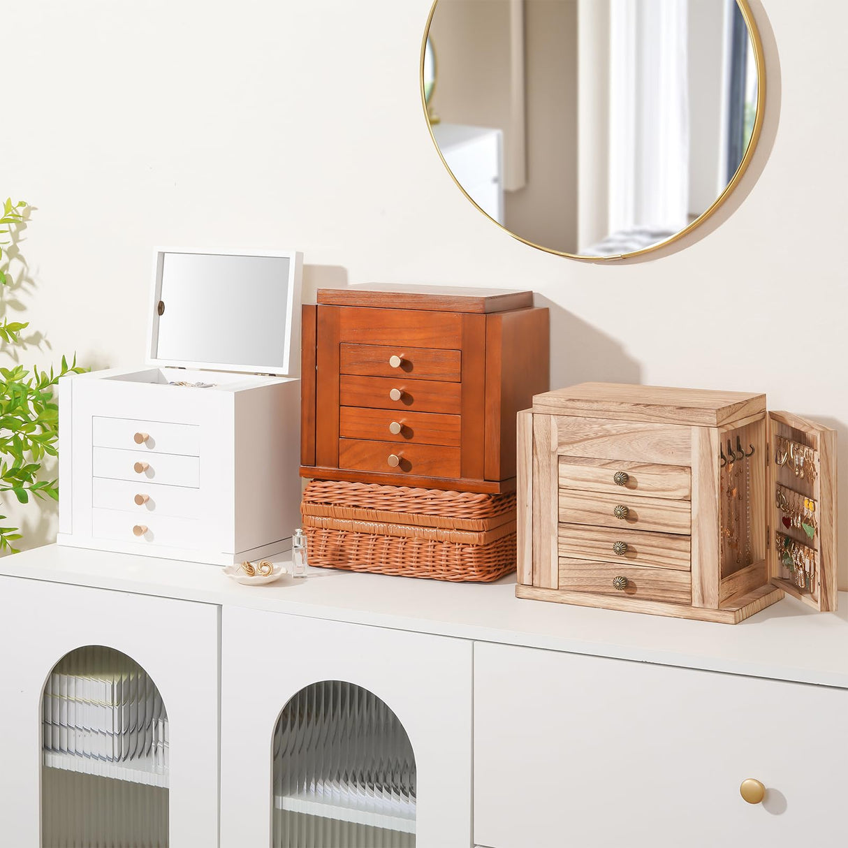 ProCase Large Jewelry Box, 5-Layer Wooden Jewelry Boxes for Women, Jewellery Holder Organizer Storage Case with Mirror for Earrings Bracelet Necklace for Dresser -Natural ProCase