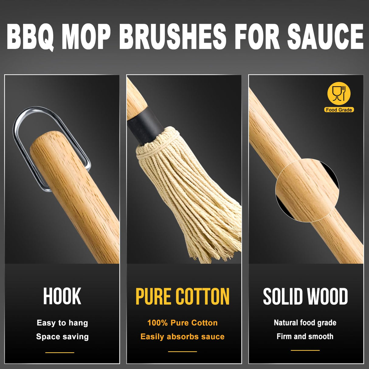 Walfos BBQ Mop Brushes for Sauce, Grilling Basting Mop Wooden Long Handle with 3 Heads, for Grilling, Barbecue, Smoking Steak (18") Walfos