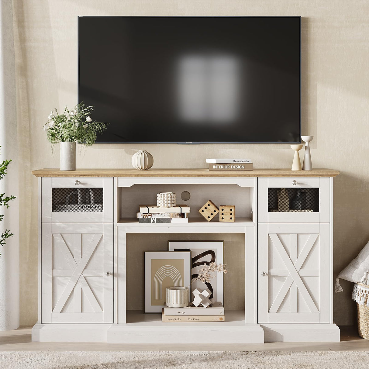 Maupvit Modern Farmhouse TV Stand for 65 Inch TV, Entertainment Center with Storage Cabinets and Adjustable Shelves, Wood TV Media Console Storage Table and Media Furniture for Living Room, Milk White Maupvit
