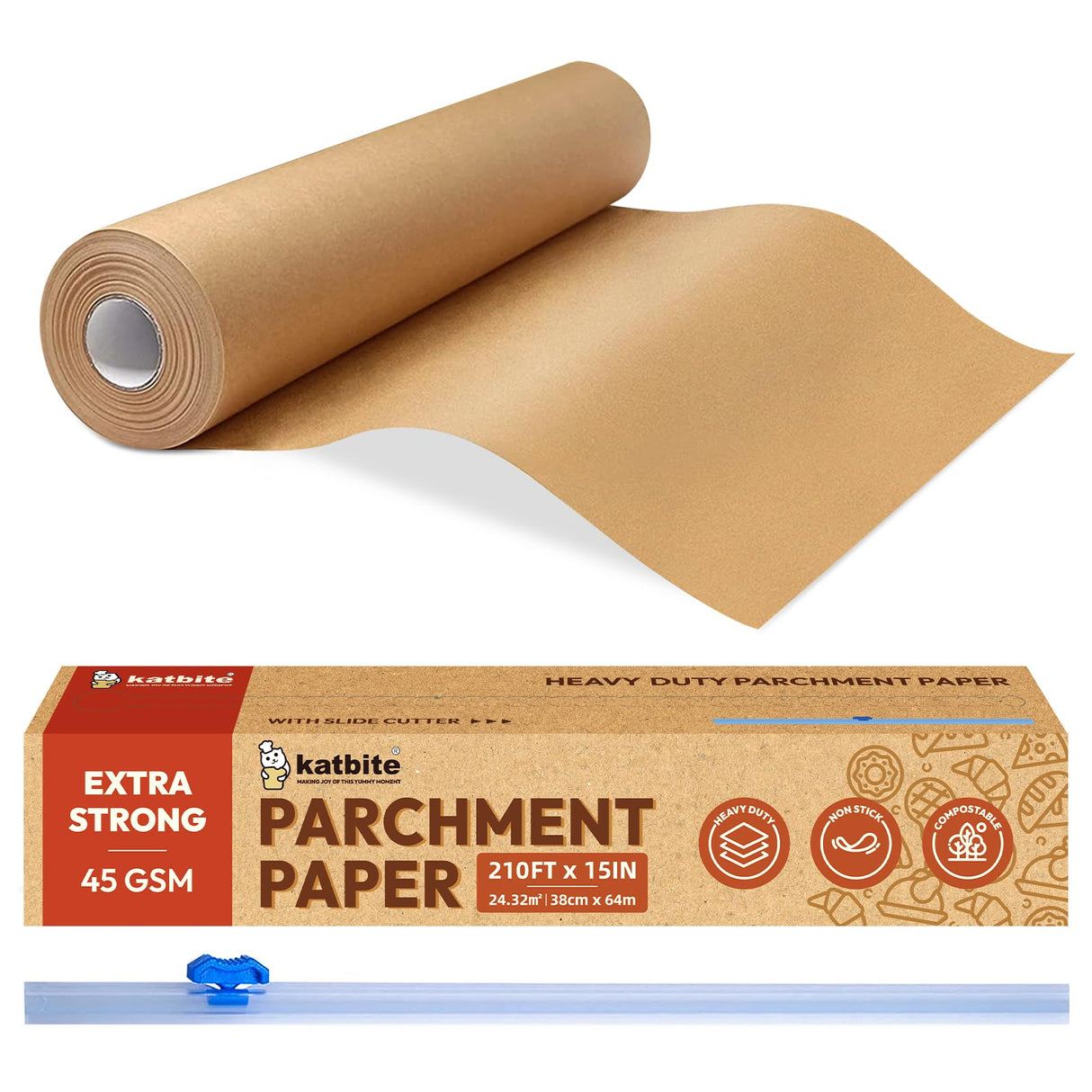 Katbite Unbleached Parchment Paper for Baking, 15 in x 210 ft, 260 Sq.Ft, Heavy Duty Baking Paper with Slide Cutter, Non-stick Brown Parchment Paper Roll for Cooking, Air Fryer, Steaming, Baking Bread katbite