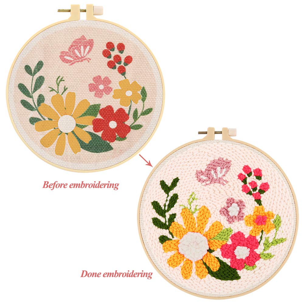 Pllieay Punch Needle Embroidery Starter Kits for Kids and Adults Beginners, Include Instructions, Punch Needle Fabric with Floral Pattern, Yarns, Embroidery Hoops and Threader Tools Pllieay