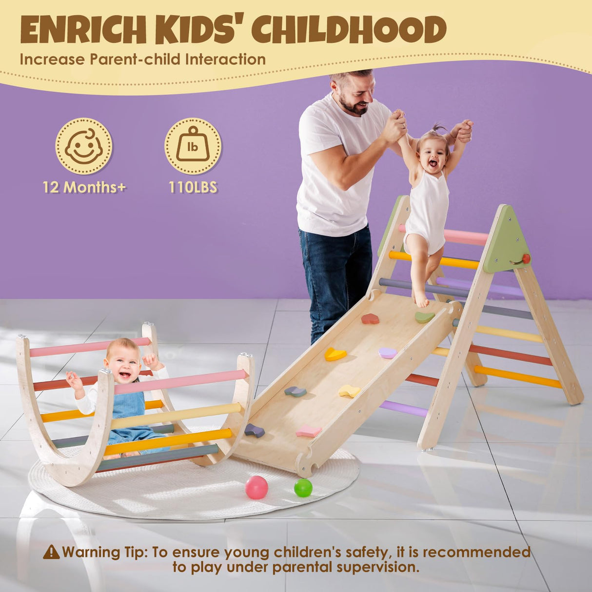 Pikler Triangle Set 7in1 Montessori Climbing Set, Foldable Climbing Toys for Toddlers 1-3 Inside, Wooden Pikler Triangle Climbing Set with Arch&Ramp&Ladder, Pickler-3 Piece Baby Climbing Gym Indoor Takeeyce