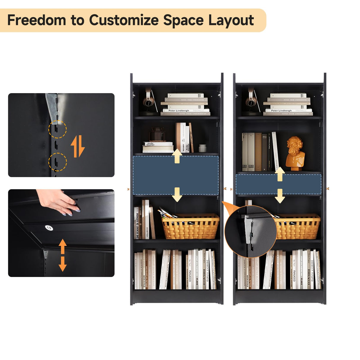 IRONMIX Metal Black Bookshelf with Doors, Tall Bookshelf with 4 Adjustable Shelves, 70.87" H Modern Curio Cabinet for Collectibles, Cabinet Display Case for Home Office, Living Room, School, Library IRONMIX