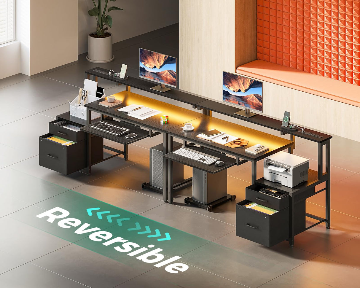 AODK 48-Inch Gaming Desk with Power Outlets & LED Light, Reversible PC Desk with Fabric Drawer and File Cabinet, Computer Desk with Keyboard Tray, Table with Full Monitor Riser and PC Stand, Black AODK