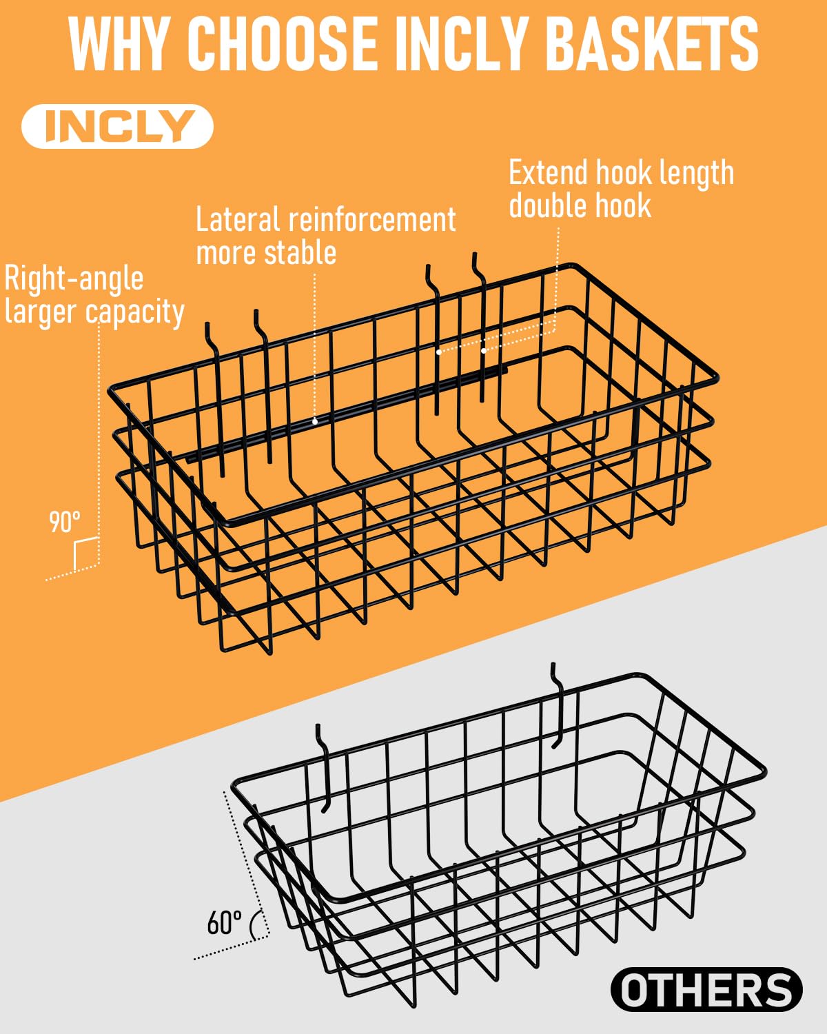 INCLY 4 Pack Pegboard Baskets Bins Set, 4 Size Square Style Black Metal Wire Basket for Any Peg Board Organizing Tools, Pegboard Accessories for Workbench Garage Wall Storage Attachments INCLY