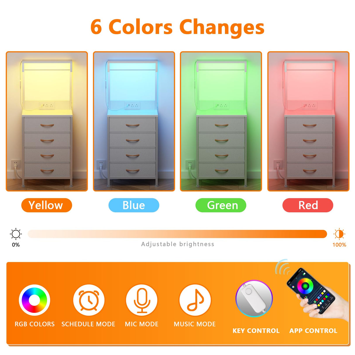 Furnulem White Tall Nightstand, LED Night Stand with Charger Station and Storage Shelves, 4 PU Finish Fabric Storage Drawers, Bedside Table, Bed Side Table for Bedroom,Dorm,Office Furnulem