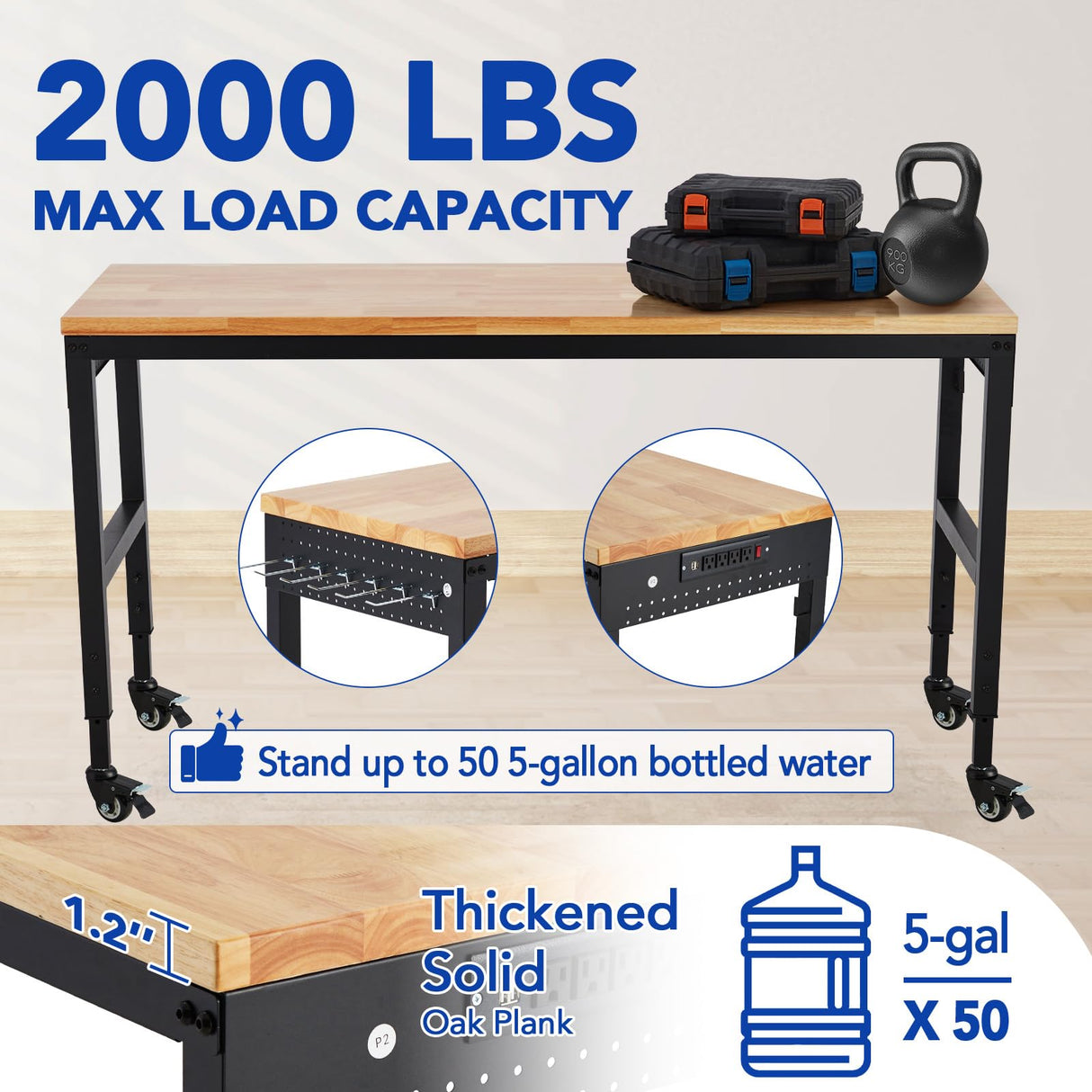 GarveeTech Adjustable Workbench 75' x 25', 2000 Lbs Load Capacity, 29.5"-38.4" Heights Garage Worktable with Universal Wheels & Power Outlet, Heavy-Duty Table for Workshop Office Home Commercial GarveeTech
