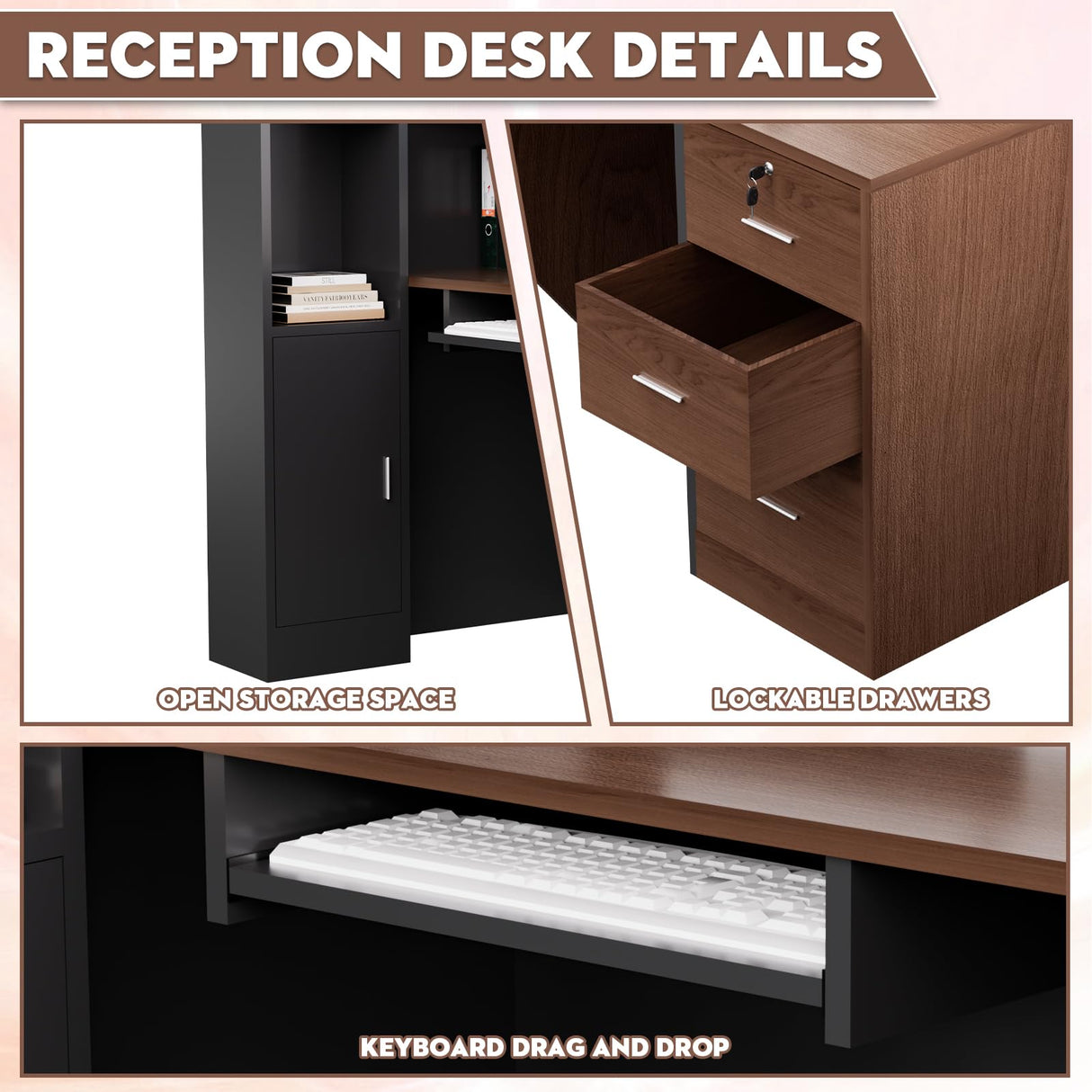 L-Shaped Modern Large Wooden Commercial Reception Desk with Counter & Shelves, Front Reception Desk Counter Table with Storage, Drawers for Offices,Home (Brown + Black, Left- 71''L x 34''W x 41''H) Drexo