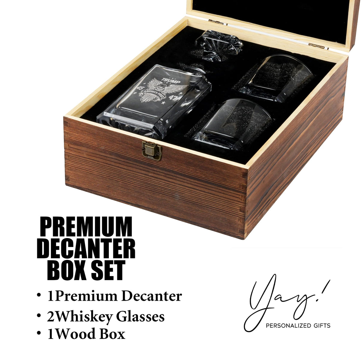 Trump Whiskey Decanter Set, Conservative Gift, Inauguration Day Engraved 45-47 Liquor Decanter 25oz, Whiskey Glasses Set With Wood Box, Gift for Trump Supporters,Trump For Presidency (Trump Decanter) Yay! Personalized Gifts