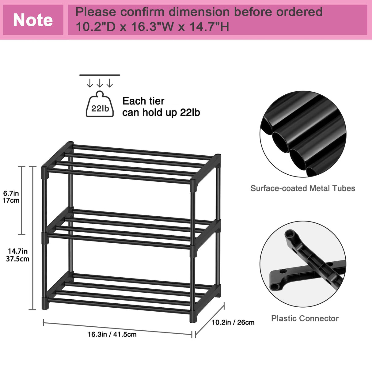 Autonomier 3 Tier Small Shoe Rack, Narrow Stackable Shoe Shelf for Kids Toddler Adult, Lightweight Shoe Rack Stand for Closet Dorm Storage Organizer, Front Door Entrance, Entryway Autonomier