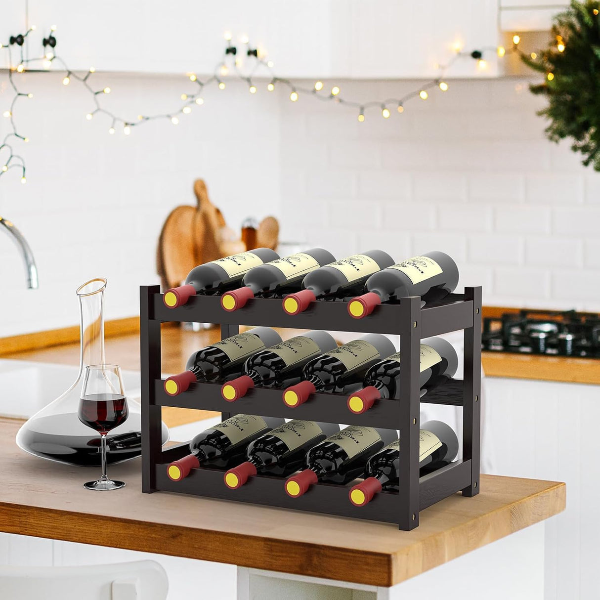FoverOne Bamboo Wine Rack Countertop, 3-Tier 12 Bottles Wine Storage Shelf for Kitchen Pantry Cabinet - Dark Brown FoverOne