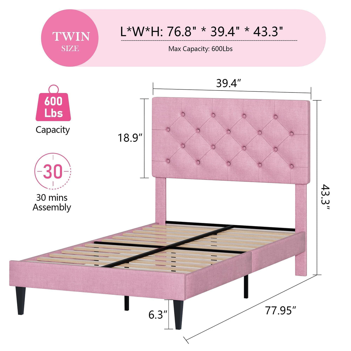 Twin Bed Frames with Button Tufted Headboard, Linen Upholstered Platform Bed with Wooden Slats Support, Princess Bed Frame for Girls, Easy Assembly, No Box Spring Required, Pink BarnFurin