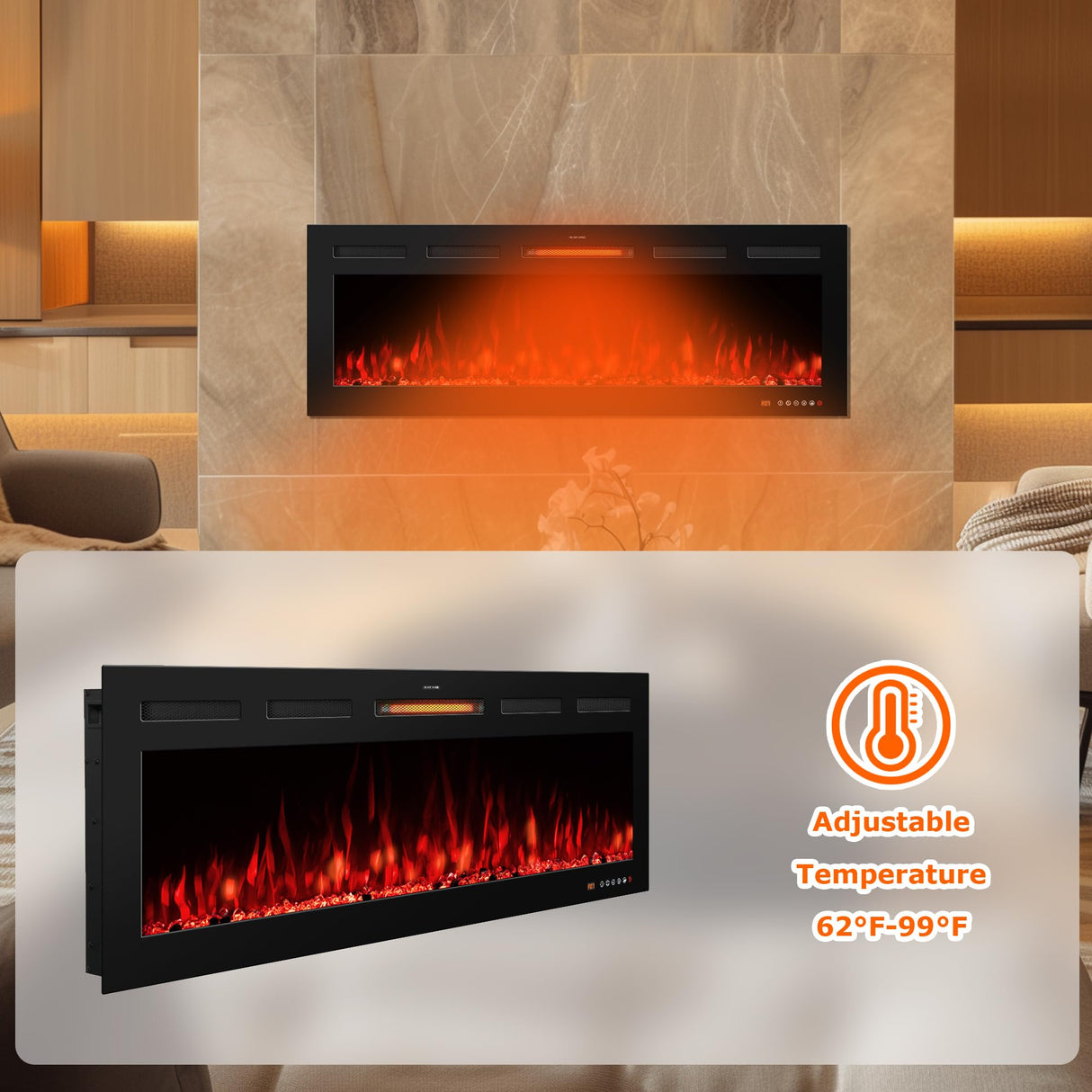 VINEMOUNT 48“ Smart Electric Fireplaces Inserts, Remote & Touch Screen & APP Control, Recessed & Wall-Mounted Fireplace Heater with Thermostat,Multi-Color Flames… VINEMOUNT