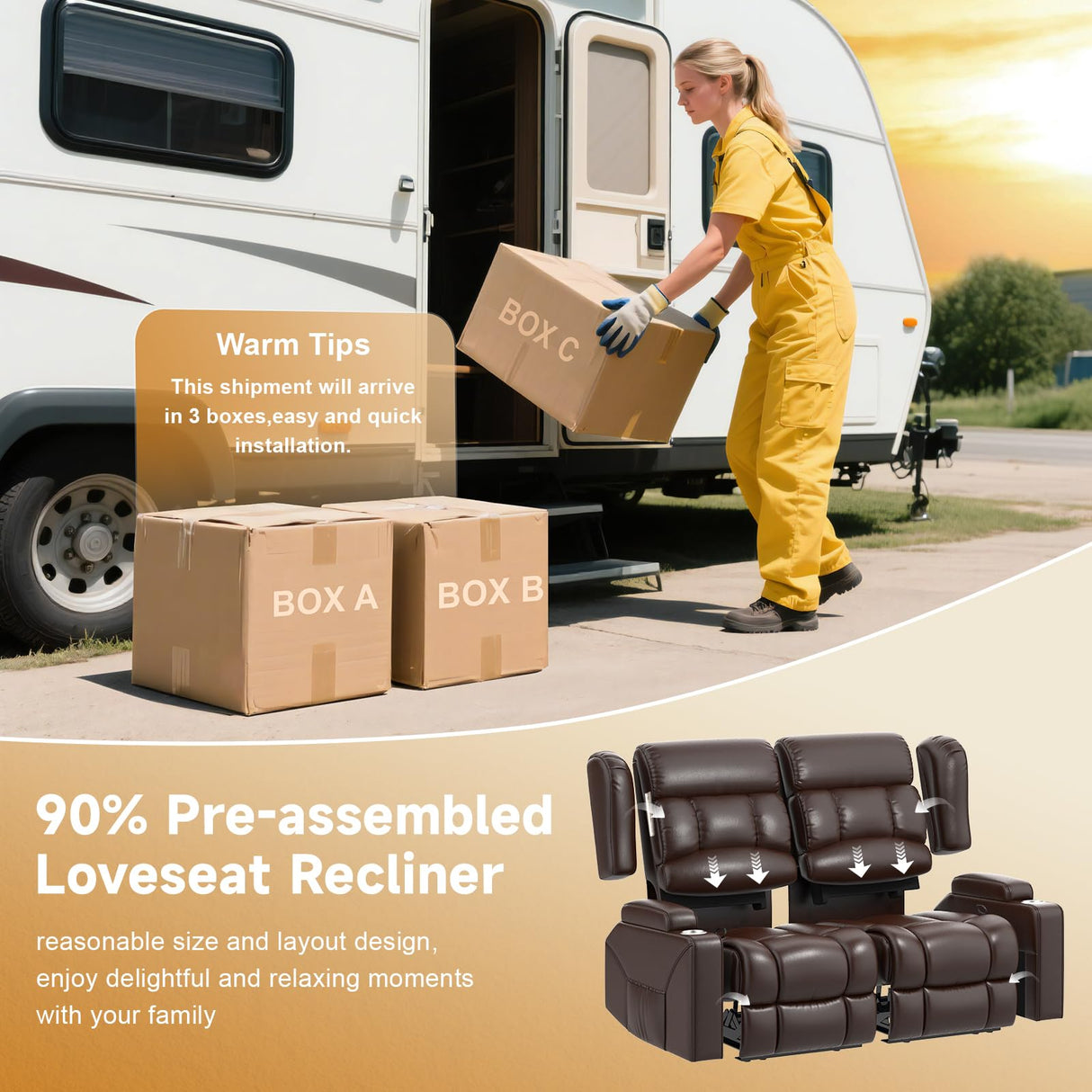 MisUMis RV Loveseat Recliner Sofa, Wall Hugger Reclining Loveseat RV Couch with USB Ports, Large Pockets, Cup Holders, 150° Adjustable RV Recliners Furniture for Travel Trailers & Home Theater Seating MisUMis