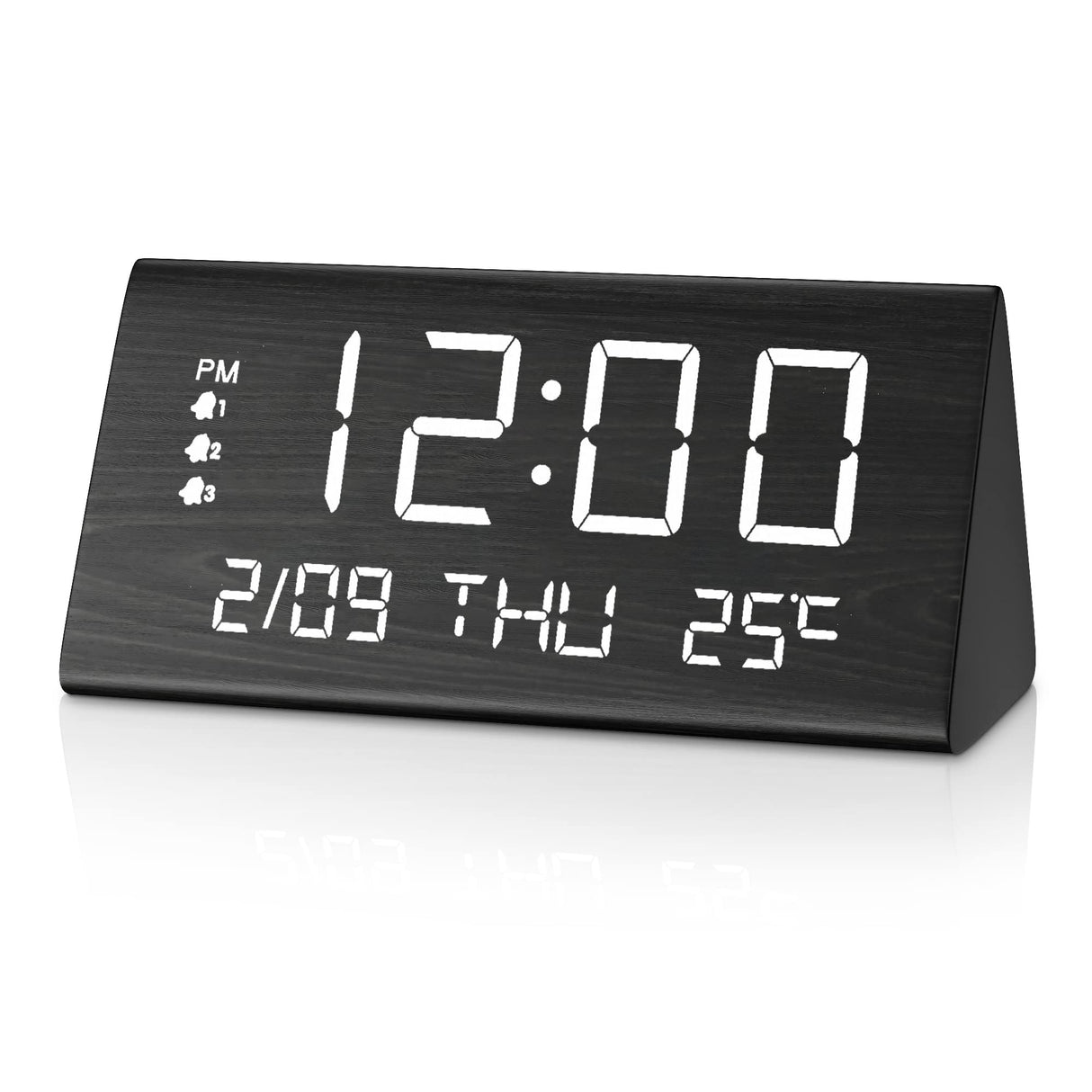 JALL Digital Alarm Clock, with Wooden Electronic LED Time Display, 3 Alarm Settings, Weekday/Weekend Mode, Temperature Detect, Wood Made Electric Clocks for Office, Bedroom, Bedside (Black) JALL